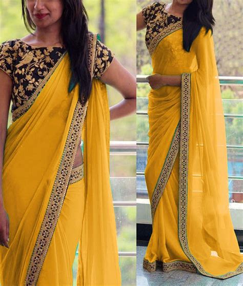 Georgette Border Work Yellow Plain Saree 808C At Rs 1499 Fancy