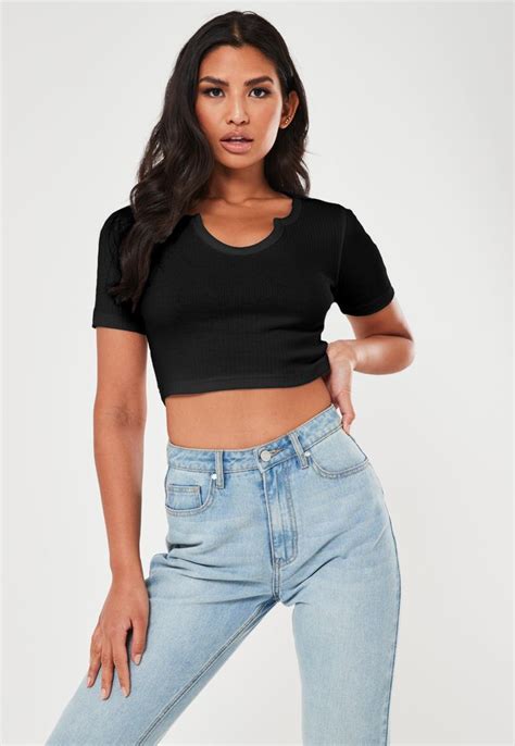 Missguided Black Rib Notch Neck Crop Top Neck Crop Top Crop Tops