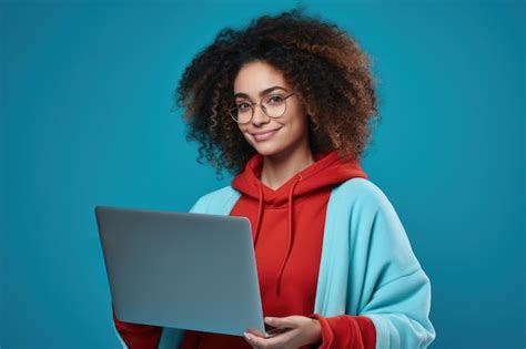 Premium Photo | Woman with glasses holding laptop computer