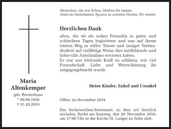 Traueranzeigen Von Maria Altenkemper Sich Erinnern De