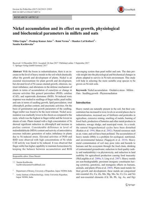 Pdf Nickel Accumulation And Its Effect On Growth Physiological And