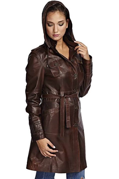 Women S 100 Real Brown Leather Trench Belted Coat