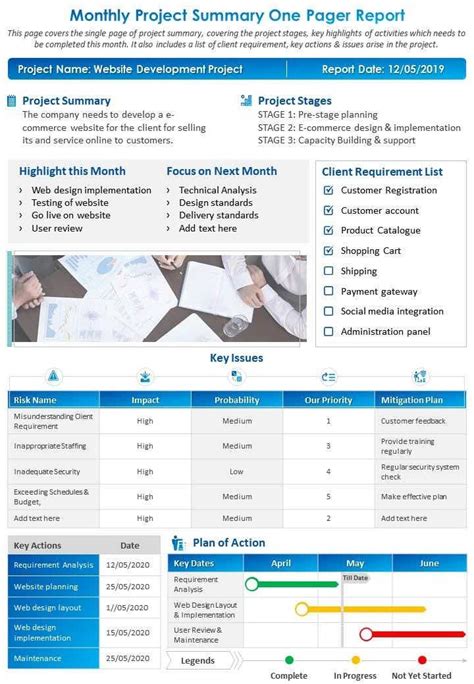 Monthly Project Summary One Pager Report Presentation Report