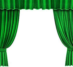 A Green Curtain With Pleated Edges On A White Background