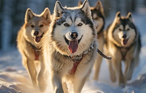 Premium AI Image | Four husky sled dogs sprinting down a snowcovered ...