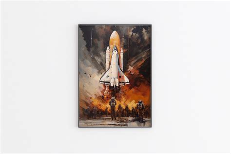 Space Shuttle Oil Painting Art Print, Spaceship Launch Wall Art Poster, Spaceman Print, Original ...