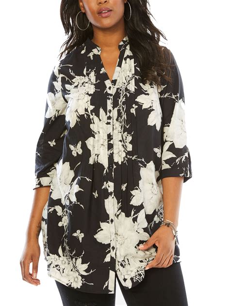 Denim 24 7 Roamans Denim 24 7 Black English Floral Pleat Detail Tunic Plus Size 22 20w