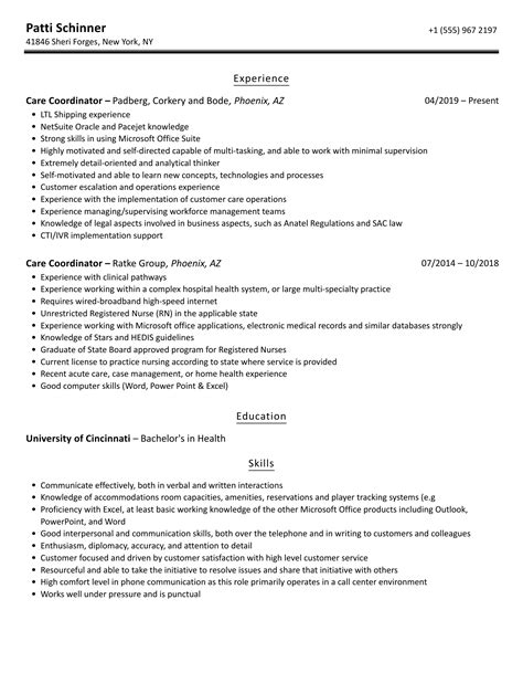 Care Coordinator Resume Sample