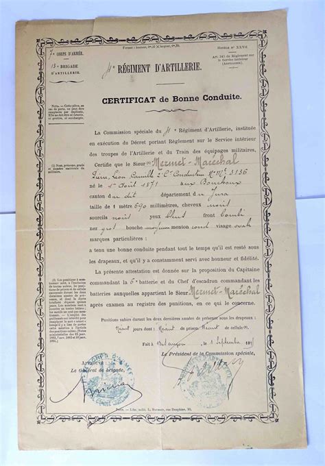 Certificat de Bonne Conduite 4 Régiment d artillerie 1895 Besançon