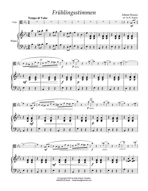 Fr Hlingsstimmen Voices Of Spring For Easy Viola And Piano Arr K