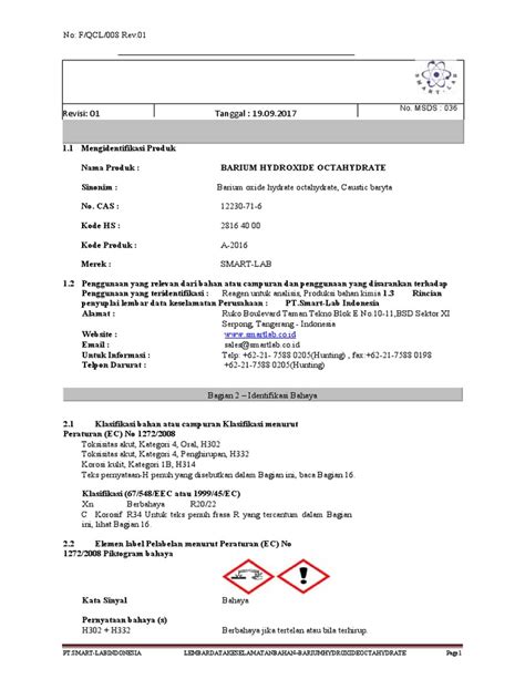 MSDS Barium Hydroxide Octahydrate (Indo) | PDF