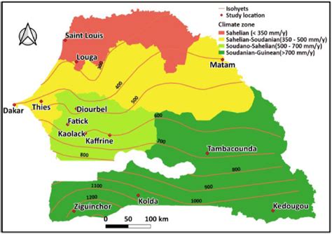 The map of Senegal showing locations in different rainfall zones in the ...