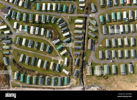 Aerial view from drone of static caravans and holiday homes at Sands of ...