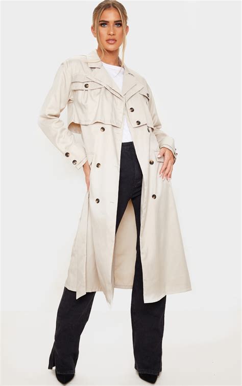 Camel Oversized Belted Trench Coat Prettylittlething Ca