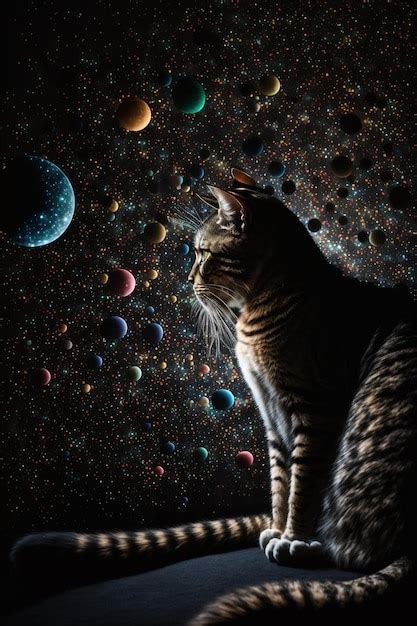 Un Gato Se Sienta En Una Cornisa En El Espacio Con Planetas Al Fondo