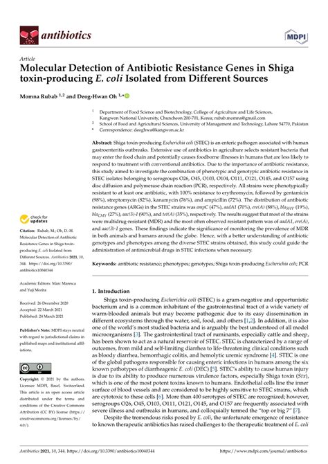 PDF Molecular Detection Of Antibiotic Resistance Genes In Shiga Toxin