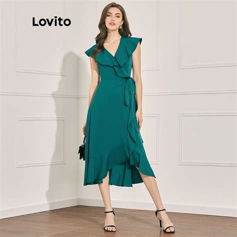 Lovito Casual Liso Volantes Envoltura Encaje Up Flounce Vestido Para