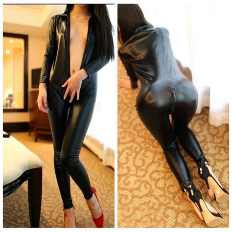 A HOT Black Wetlook Faux Leather Long Sleeve Open Crotch Pvc Catsuit