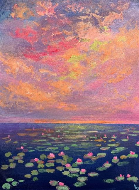 an oil painting of water lilies in the ocean at sunset with clouds and ...