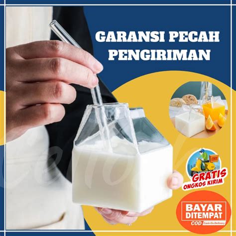 Jual Gelas Susu Kaca Estetik Unik Lucu Bentuk Kotak Design Milk Box