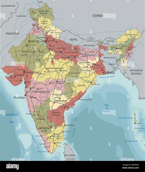 India Highly Detailed Editable Political Map With Labeling Stock