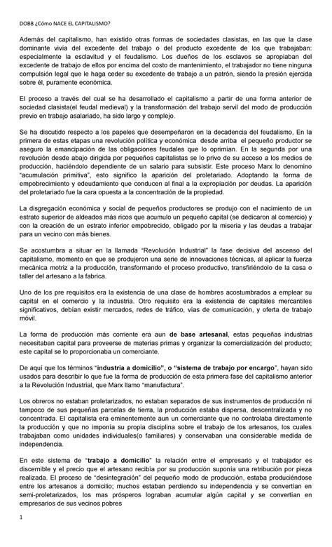 Dobb Resumen Propio Y Propio Del Texto Como Nace El Capitalismo