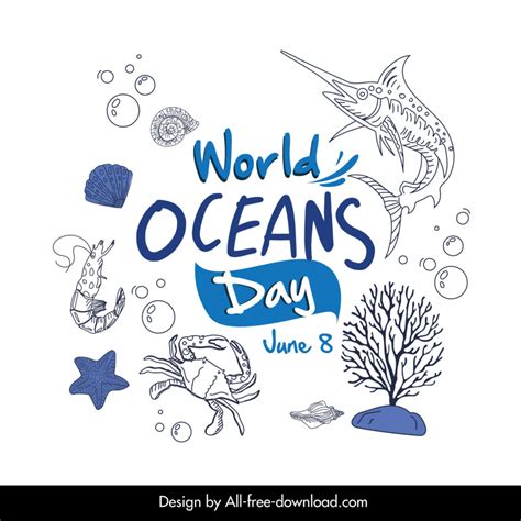 World Oceans Day Design Elements Handdrawn Sea Species Vectors Images