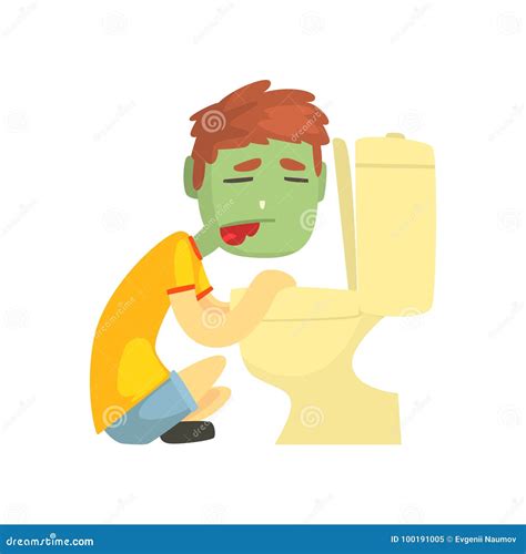 Sick Boy Vomiting into the Toilet Bowl Cartoon Character Vector ...