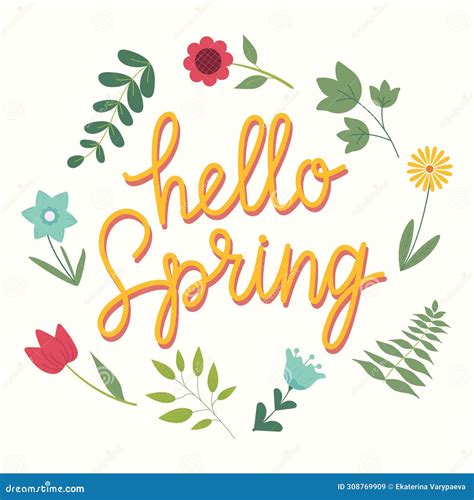 Hand Drawn Lettering Hello Spring Card With Decorative Floral Frame