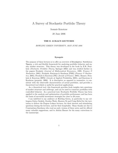 PDF Stochastic Portfolio Theory A Survey