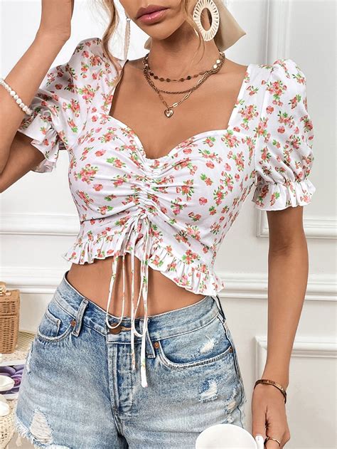 Shein Vcay Blusa Cropped Impress O Floral Dits Cord O Frontal