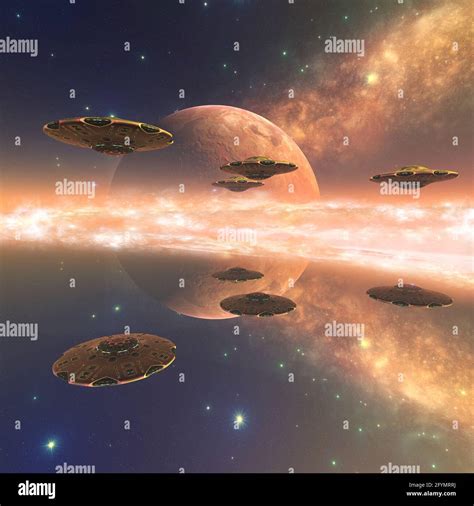 Spaceships Approaching Alien Planet Illustration Stock Photo Alamy