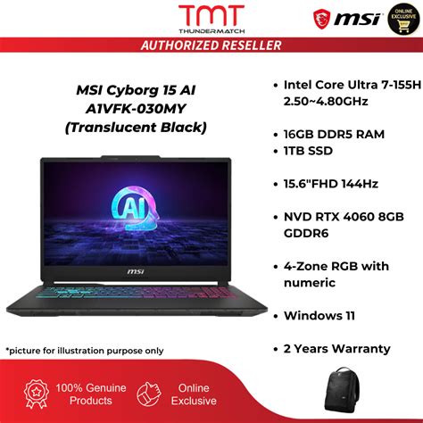 Msi Cyborg 15 Ai A1vfk 030my Gaming Laptop Translucent Black Intel Core Ultra 7 155h 16gb