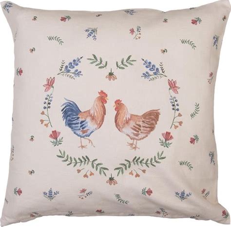 Clayre Eef Kussenhoes 40x40 Cm Beige Blauw Katoen Vierkant Kip En