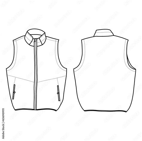 Technical Sketch Drawing Of Men S Vest Vector Template Model 2 In Front Side And Back View