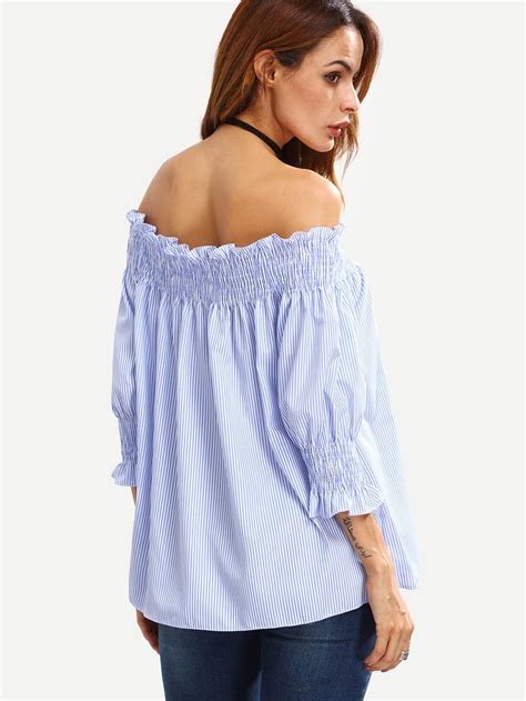 Shirred Vertical Striped Bardot Blouse Sheinsheinside