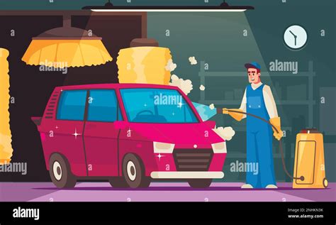 Car Wash Cartoon Concept With Serviceman Holding Water Hose Vector