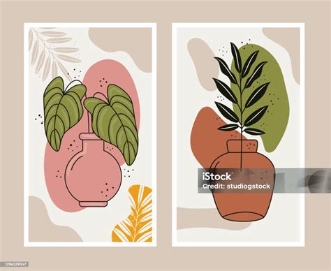 Boho Gaya Dua Daun Tanaman Dalam Adegan Vas Keramik Ilustrasi Stok