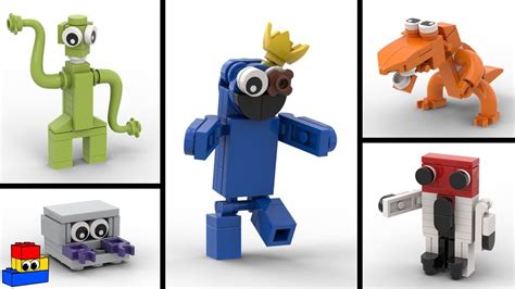 four different colored legos with faces and arms in various poses, including an animal