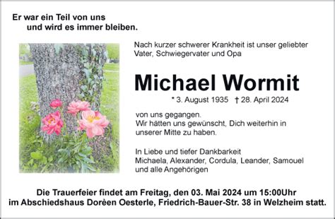 Traueranzeigen Von Michael Wormit Zvw Trauer