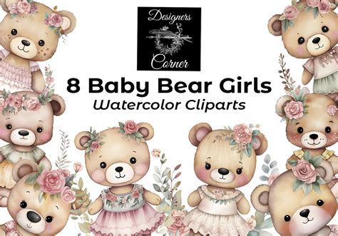 Baby Bear Girls Watercolor Clipart Graphic By Designers Corner