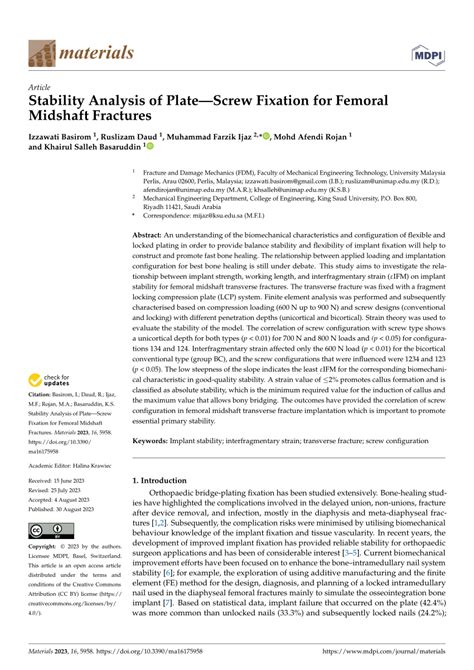 PDF Stability Analysis Of PlateScrew Fixation For Femoral Midshaft