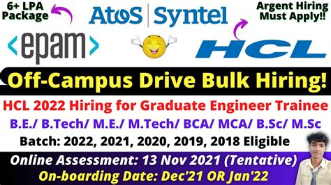 HCL Epam Atos Syntel Mega OFF Campus Hiring 2022 2021 20 19 18