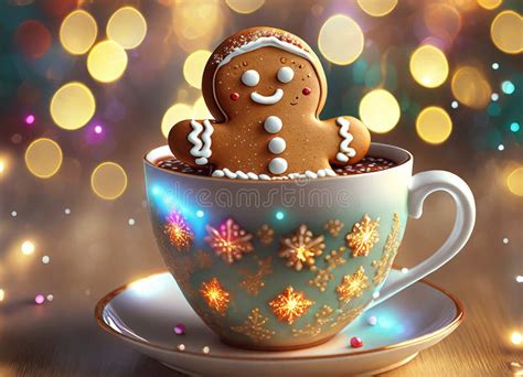 Adorable Gingerbread Man Sitting In A Cup Of Hot Cocoa Surrounded By Warm Bokeh Lights Stock
