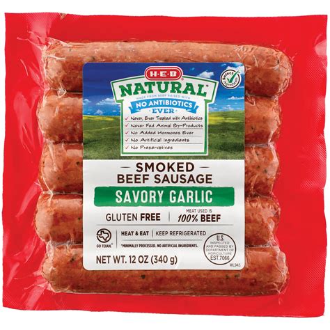 H E B Natural Smoked Beef Sausage Links Savory Garlic Shop Sausage