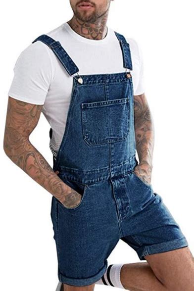 Summer Popular Vintage Washed Blue Mens Rolld Cuff Fitted Denim Overalls Shorts