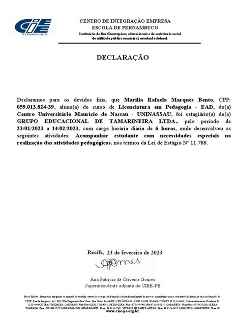 Declaração: Declaramos para Os Devidos Fins, Que Marilia Rafaela ...