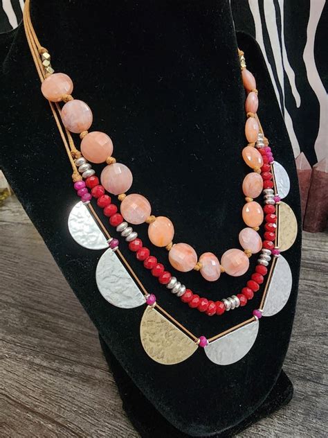 Graduated Red And Peach Multi Strand Necklace Set Gem