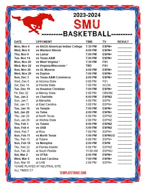 Printable 2023 2024 Smu Mustangs Basketball Schedule