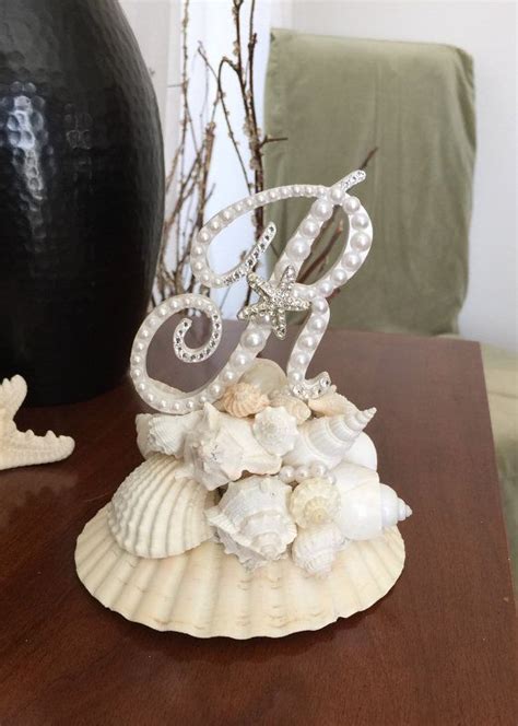 Wedding Cake Topper Shell Monogram Cake Topper With Seashells Pearls Swarovski Crystals